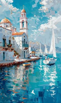 an oil painting of sailboats in the water and buildings on the shore with blue sky