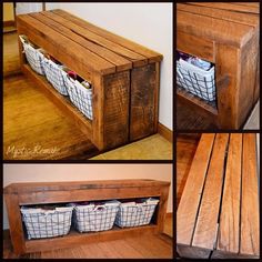 four different pictures of a wooden bench with baskets on the bottom, and three smaller photos of storage bins below