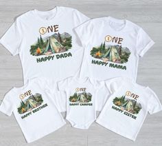 One Happy Camper First Birthday Shirt for one year old and matching camping themed tshirts for Mom Dad and the entire family! Everyone will love getting in on the fun of wearing matching family shirts for your little ones first birthday celebration! ❇Shirt Details: 100% Soft cotton (fiber content may vary by color) Adult and Youth Shirts: Bella + Canvas  Toddler Bella + Canvas  Baby Shirts:  Rabbit Skins We reserve the right to substitute the shirt brand with a like quality if sold out. Colors m One Happy Camper First Birthday Outfit, White Family Matching T-shirt For Camping, Family Matching White T-shirt For Camping, Happy Sisters, Happy Mama, First Birthday Shirts, 1st Birthday Outfits, First Birthday Outfits, Baby Shirts