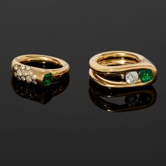 With an edgy sophistication and asymmetrical design, this Uniform Object ring is a striking combination of colors. One round, shimmering white diamond is channel set beside the asscher cut emerald in the polished 18K yellow gold band. Whether worn alone or added to a stacking collection, it exudes a striking elegance. Disco Balls, Party Rings, Asscher Cut, Asymmetrical Design, Channel Set, All That Glitters, Emerald Ring, Gold Band, Ring Bracelet