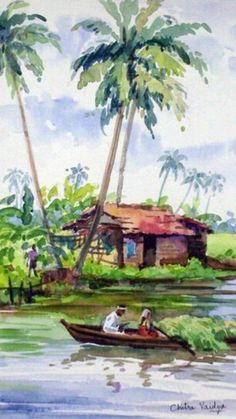 a painting of two people in a boat on the water with palm trees behind them