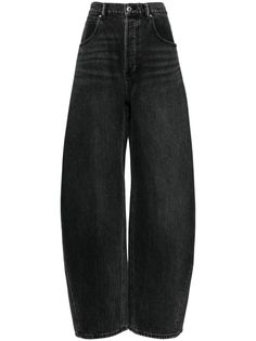 black cotton logo patch to the rear whiskering effect at the thighs wide leg low-rise concealed fly and button fastening belt loops classic five pockets Modern Wide Leg Washed Black Jeans, Modern Washed Black Wide Leg Jeans, Wide Leg Jeans In Washed Black With Belt Loops, Modern High Rise Black Jeans, Black Wide Leg Jeans With Five Pockets, Modern High Rise Washed Black Bottoms, Modern Black Flare Jeans With Five Pockets, Modern Black Denim Flare Jeans, Classic Black Flare Jeans With Pockets