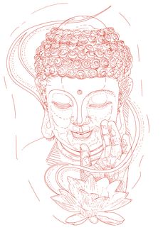 a drawing of a buddha holding a flower in her hand and looking at the camera