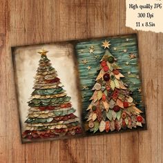 two christmas trees made out of buttons on wood