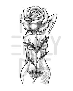 a drawing of a rose in a woman's hand with the word love written on it