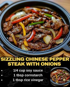 Sizzling Chinese Pepper Steak with Onions Sizzling Chinese Pepper Steak, Chinese Pepper Steak Recipe Crock Pot, Sizzling Chinese Pepper Steak And Onions, Flank Steak Stir Fry Marinade, Chinese Beef And Rice Recipes, Sizzling Chinese Pepper Steak With Onions, Pepper Steak Recipe Chinese, Steak Chinese Recipes, Chinese Pepper Steak With Onions