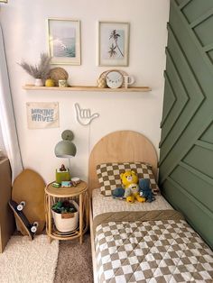 a bedroom with two beds and toys in it