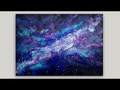 an abstract painting with blue and purple stars in the sky, on a gray background