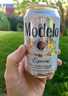 a hand holding up a can of modelo beer in front of a grassy area