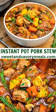 instant pot pork stew with potatoes and carrots in a white bowl