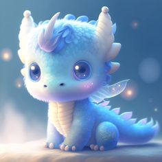 a little blue dragon sitting on top of a wooden floor