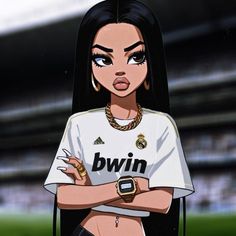 a woman with long black hair wearing a white shirt and gold jewelry standing in front of a soccer field