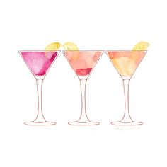 three martinis with lemon wedges and watercolor splashes on white background illustration