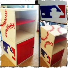 the baseball themed bookcase is painted red, white and blue