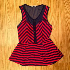 Urban Outfitters “Pins And Needles” Red & Navy Blue Striped Peplum Top With Mesh Cutouts Size Small Button Design Going Down The Front With A Sexy Mesh Back New Without Tags Never Worn Red Peplum Tops For Summer, Blue Peplum Top, Peplum Tank Top, Striped Peplum Top, Pins And Needles, Decorative Buttons, Urban Outfitters Tops, Button Design, Stripes Pattern