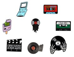 there are many different types of stickers on this white background, including tape recorders and cassettes