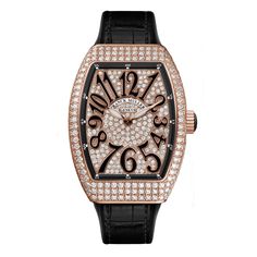 Franck Muller V32 Vanguard Lady Rose Gold Full Diamond - 3.77ct (308 stones) - 0.83ct (163 stones) - 0.21ct (12 stones) Frank Muller, Franck Muller Watches, Black Alligator, Franck Muller, Expensive Watches, Diamond Watch, Design Reference, Quartz Movement