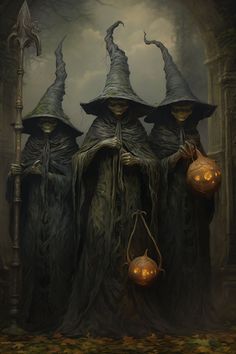 three witches with pumpkins in their hands