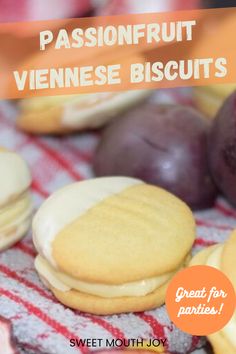 some cookies and fruit on a table with the words passionfruit veinnes biscuits