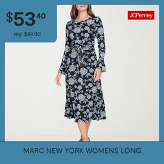 This Marc New York women�s fit and flare dress is an instant style winner for any social gathering or work. Made from a floral-print stretch fabric, this midi dress has a round neckline, 3/4 bell sleeves and a belted waist for added definition. Wear it with heels.Features: BeltedClosure Type: ZipperNeckline: Round NeckSleeve Length: Long SleeveSleeve Style: Bell SleeveApparel Length: 45 Inches - BackDress Length: Midi LengthFiber Content: 5% SpandexFabric Description: ItyLining Material: Polyes… Flare Dresses, Marc New York, Social Gathering, Fit N Flare Dress, Petite Dresses, Belted Dress, Fit And Flare Dress, Fit Flare Dress, Dress Blue