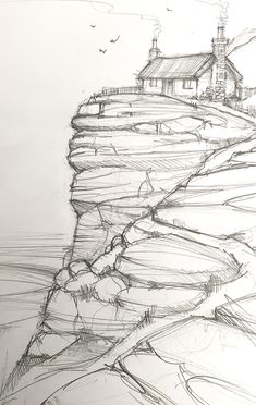 a drawing of a house sitting on top of a cliff