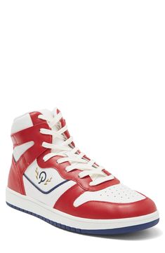 A durable cupsole and cushioned collar support active feet in a colorblock basketball sneaker. Leather upper/textile lining/rubber sole Imported White Collegiate Sneakers, Collegiate White Basketball Shoes With Boost Midsole, Basketball Sneakers With Boost Midsole, Synthetic Sneakers With Boost Midsole For Basketball, Collegiate Low-top Basketball Shoes, Collegiate White Sneakers With Round Toe, White Collegiate Sneakers With Round Toe, Collegiate White Round Toe Sneakers, Sporty High-top Basketball Shoes