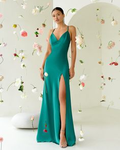 Fabric: Satin Cotton 50%, Polyester 50% V neckline Spaghetti straps Adjustable strap Sleeveless Backless Thigh slit Floor-length hemline Maxi length Puff Sleeve Dresses, Green Satin, V Neckline, Blue Satin, Affordable Clothes, Dress Suits, Mini Dress With Sleeves, Latest Fashion For Women, Dress First