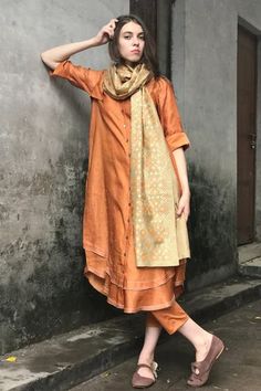 Shop for I am Design Orange Satin Linen Silk Embellished Kurta And Pant Set for Women Online at Aza Fashions Kantha Embroidery, Orange Satin, Ikat Print, Kurta With Pants, Kurta Set, Pant Set, Aza Fashion, Online Design, Three Quarter