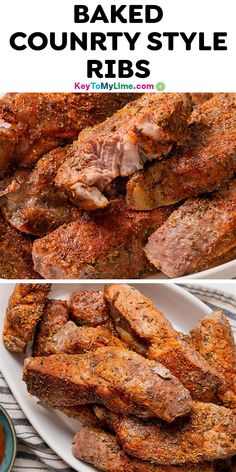 baked country style ribs on a white plate with dipping sauce in the middle and another image of cooked meat