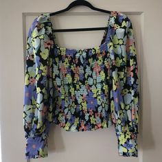 Super Cute And Fun Puff Sleeve Cropped Free People Blouse. Can Fit S And M. Nwot. Green Blue Black Purple And Pink. Multi Colored Puff Sleeve Shirt, Multicolor Puff Sleeve Top With Gathered Sleeves, Multicolor Printed Puff Sleeve Tops, Free People Blouse, Long Sleeve Crop, Free People Tops, Long Sleeve Crop Top, Smocking, Puff Sleeve