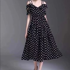 Nwot Super Cute Polka Dot Dress With Off Shoulder Ruffles. Size L. Bust Measures 17” Flat, Elastic Waist Measures 15” But Can Stretch At Least Another 2��”. Full Length About 45”. Double Layered, Full Skirt. Quality. Flair Gown, Polka Dot Midi Dress, Polka Dot Dress, Dot Dress, Full Skirt, Ruffles, Polka Dot, Off Shoulder, Elastic Waist