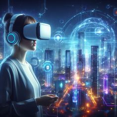 a woman wearing virtual reality headset standing in front of a futuristic city at night