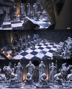 the chess board has many statues on it