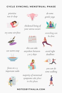 Cycle Syncing Menstrual Phase Tips Infographic That Includes the process - thickened lining of your uterus, this can take anywhere between 3 to 7 days and experience the majority of menstrual symptoms, for exercise gentle yoga, stretching, walking, for diet, east hearty stew, warm soup, stir-fries or just give in to those cravings! For productivity, avoid tight deadlines , focus on 1-3 important but quick tasks, and prioritise rest and sleep; with black text over white background with cute icons Support Menstrual Cycle, Menstrual Cycle Tips, Gentle Workout Period, Workouts For Menstrual Phase, How To Cycle Sync Workouts, Menstrual Cycle Workout Phases, Menstrual Cycle Symptoms, Workouts For Each Phase Of Cycle, Cycle Syncing Wallpaper