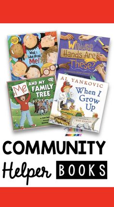 four children's books with the title community helpers