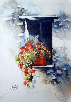 a painting of a window with flowers in it