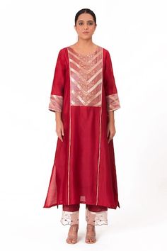 Crimson red kurta with embroidered banarasi jacquard tissue yoke. Paired with a slub silk pant and chanderi dupatta with scalloped tissue detailing. - Aza Fashions Red Bollywood Tissue Silk Kurta, Red Long Sleeve Palazzo Set With Self Design, Red Semi-stitched Chanderi Kurta, Red Semi-stitched Kurta In Art Silk, Red Silk Kurta With Cutdana Details, Red Embroidered Slub Silk Kurta, Chanderi Dupatta, Red Kurta, Silk Pant