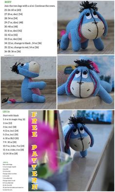 the instructions for crocheted stuffed animals are shown in three different pictures, including one with