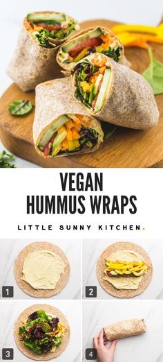 vegan hummus wraps cut in half and stacked on top of each other with different ingredients