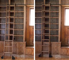 an empty room with wooden bookshelves and ladders in the middle, two side by side