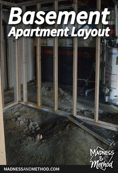 an unfinished basement with the words basement apartment layout in white overlaying the photo