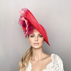 Red Kentucky derby hat, red derby hat, floral red royal ascot hat for woman, straw fascinator, wedding hat, hot pink ascot hat, mother of bride hat. Elegant RED sinamay up brim hat embellished with and stuning red and HOT PINK big silk flower. This hat is hand blocked using traditional techniques. It is a perfect hat for weddings, Royal Ascot horse races, cocktails, derby, luncheons, high tea parties, kentucky derby... It is mounted on a headband. If you want, you can choose the side of the head Red Curved Brim Fascinator For Garden Party, Red Summer Hats For Garden Party, Red Brimmed Fascinator For Church, Red Mini Hats For Kentucky Derby Garden Party, Fitted Red Hat For Garden Party, Red Fitted Fascinator For Garden Party, Red Summer Fascinator For Garden Party, Elegant Red Fascinator For Garden Party, Red Hat For Garden Party And Kentucky Derby