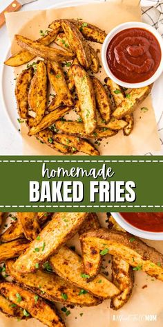 homemade baked fries on a plate with ketchup and dipping sauce in the background