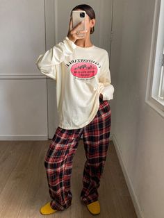 Printed Pattern Loose Top & Plaid Loose Pajama Pants 2pcs Sleepwear Set, Christmas Beige     Letter,Plaid  Slight Stretch All Women Sleep & Lounge, size features are:Bust: ,Length: ,Sleeve Length: Plaid Pajama Pants, Sleeveless Tops Summer, Plaid Pajamas, Loose Top, Top And Pants Set, Pajama Pant, Long Sleeve Plaid Shirt, Sleepwear Sets