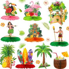 PRICES MAY VARY. Package list: you will receive 10 pieces Hawaiian centerpieces in this package, including 7 pieces of honeycombs centerpieces in different shapes, and 3 pieces of standing tropical cards, novel and cute combination set is enough for you to decorate a party Adorable design: these Hawaiian centerpieces have consisted of lovely pattern designs, such as tiki, luau, flamingo, pineapple coconut tree, etc., they are all the main elements of Hawaiian tropical theme party, will decorate Favor Centerpieces, Hawaiian Centerpieces, Flamingo Table, Kids Party Centerpieces, Honeycomb Table, Tropical Table, Luau Ideas, Tropical Cards, Tropical Theme Party