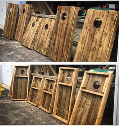 several different pictures of wooden doors with holes in the front and back, side by side