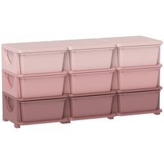 pink storage bins stacked on top of each other