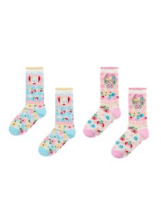 The price includes two pairs of socks, one blue and one pink. Pink Sweet Socks For Spring, Playful Pink Summer Socks, Pink Striped Shirt, Cartoon Elephant, Strawberry Print, Elephant Pattern, Cute Cartoon Animals, Cherry Print, Sock Shop