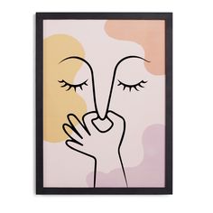 a framed art print with a woman's face and her hands touching the nose