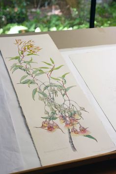 an image of a painting on display in a room with some papers and watercolors